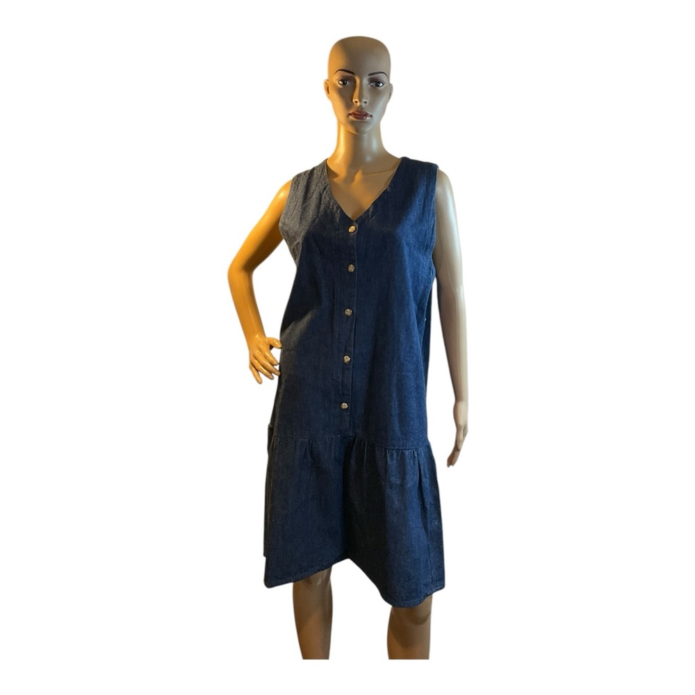 Women's Vintage Blue Sleeveless Button Front Knee Denim Dress Size Medium